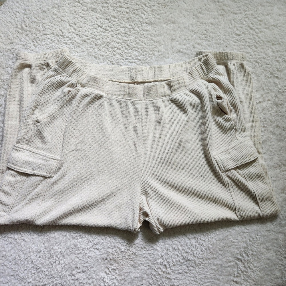 Aerie Women‎ XL Cream Waffle Knit Cargo Jogger Pants Elastic Waist Off White